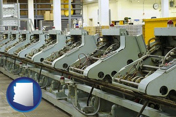 bindery machines in a bookbinding factory - with Arizona icon