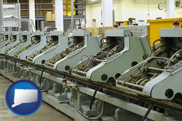 bindery machines in a bookbinding factory - with Connecticut icon