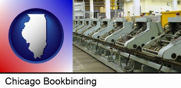 bindery machines in a bookbinding factory in Chicago, IL